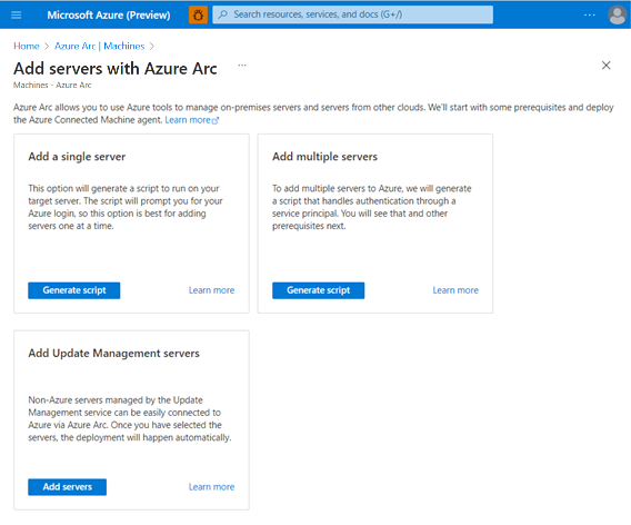 Capture d’écran illustrant les différentes options d’intégration aux serveurs avec Azure Arc pour un serveur unique, plusieurs serveurs et Update Management