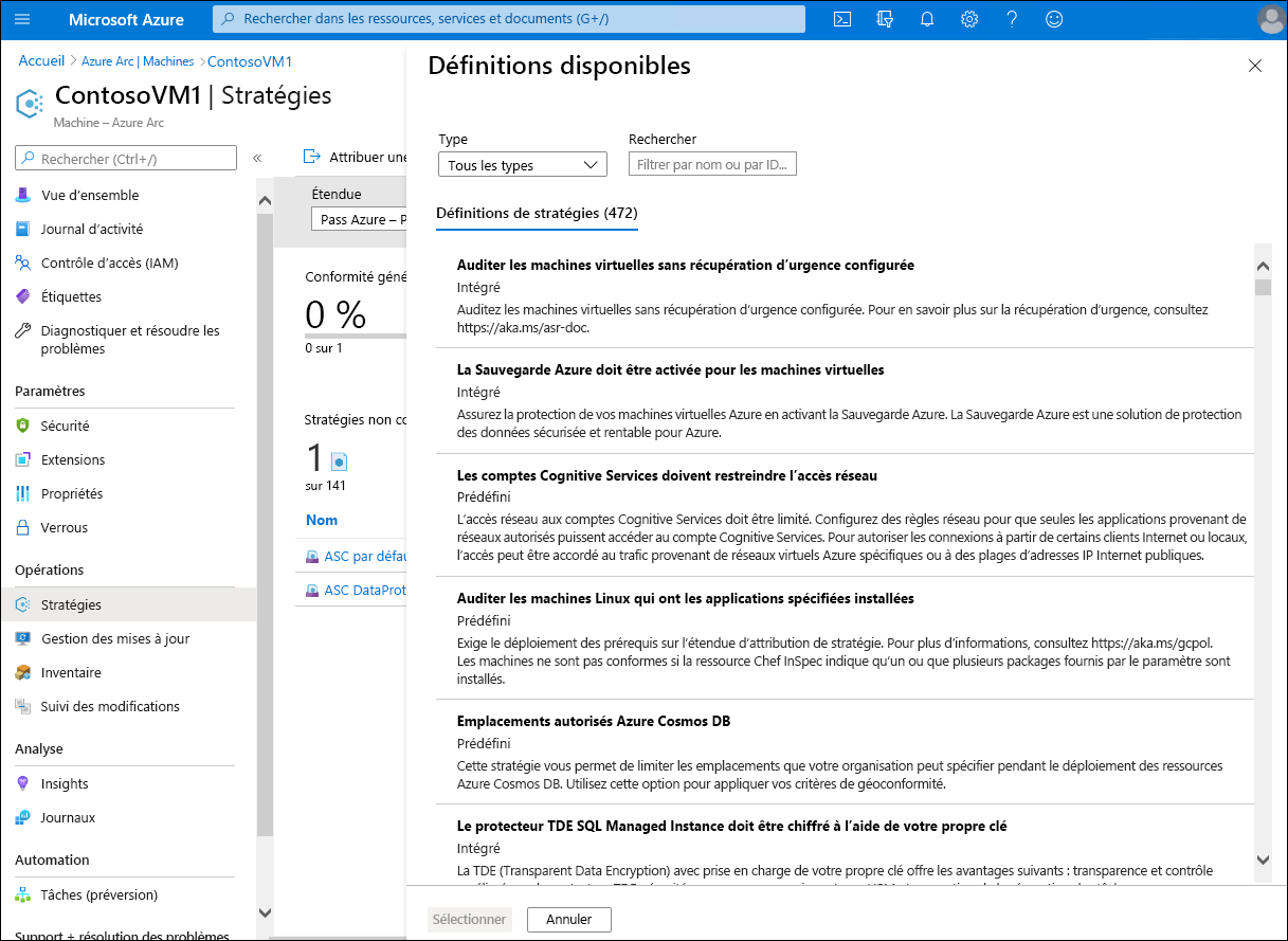 Capture d’écran montrant la page Attribuer une stratégie dans le Portail Azure. L’administrateur sélectionne dans une liste de stratégies disponibles.