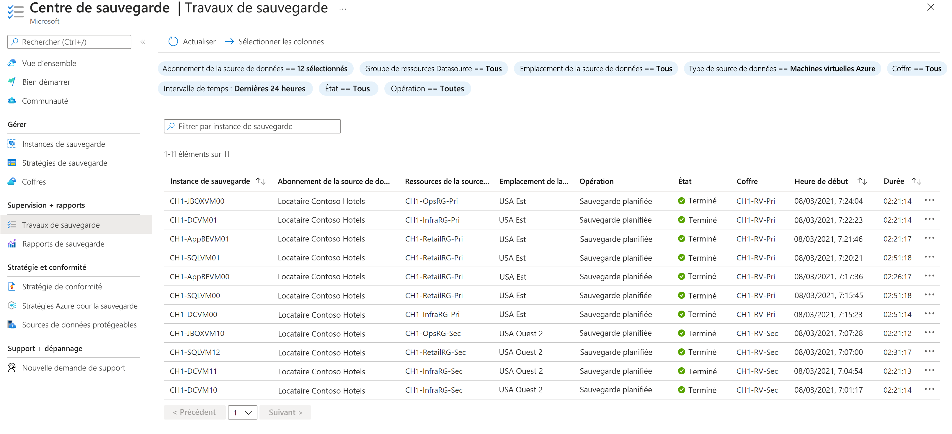 Capture d’écran du Centre de sauvegarde Azure montrant une liste de travaux de sauvegarde. La liste affiche l’instance de sauvegarde, la source de données, le type d’opération et l’état.
