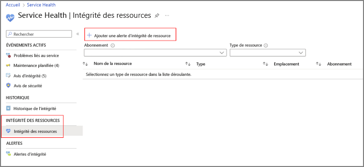 Capture d’écran de l’intégrité de la ressource Azure Service Health.