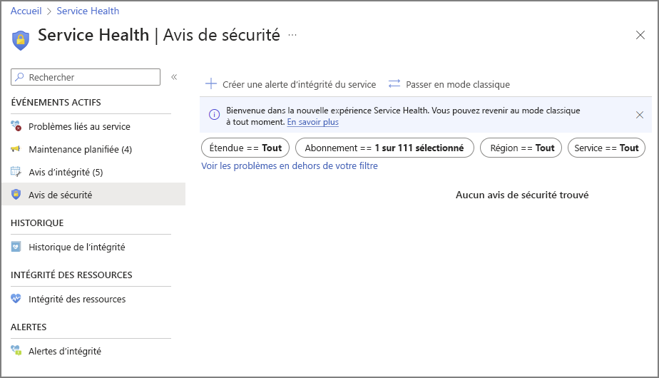 Capture d’écran des avis de sécurité d’Azure Service Health.