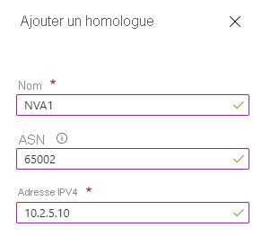 Capture d’écran de la section Ajouter un pair avec les zones Nom, ASN et Adresse IPV4 renseignées.