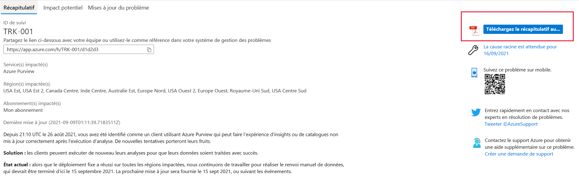 Screenshot with a summary of a Log Analytics issue showing details such as Tracking ID, Impacted regions, Impacted subscription, Last updates, Preliminary Root Cause, and a link to Download the summary as PDF.