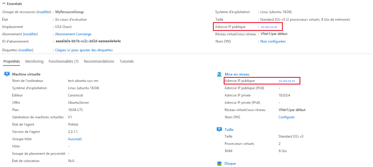 Capture d’écran montrant les informations de base et les propriétés des machines virtuelles avec l’adresse IP publique mise en évidence.