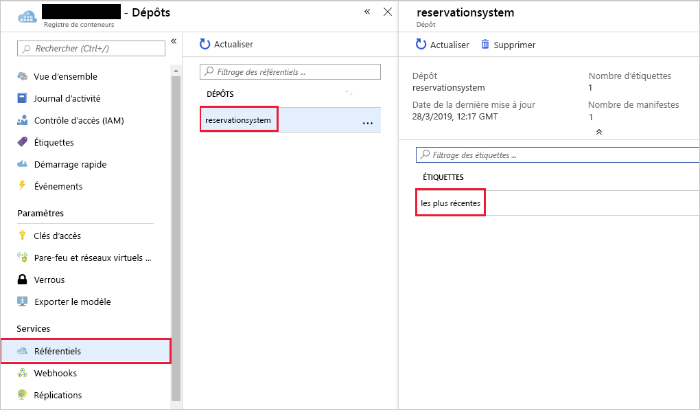 Capture d’écran montrant le dépôt et l’image étiquetée du conteneur du système de réservation dans le registre.