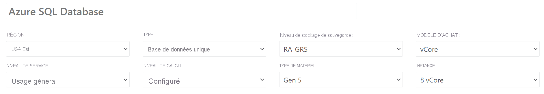 Screenshot of SQL instance options in pricing calculator depicting the region for hosting, the type (single or elastic pool), and the service tier among the options available.