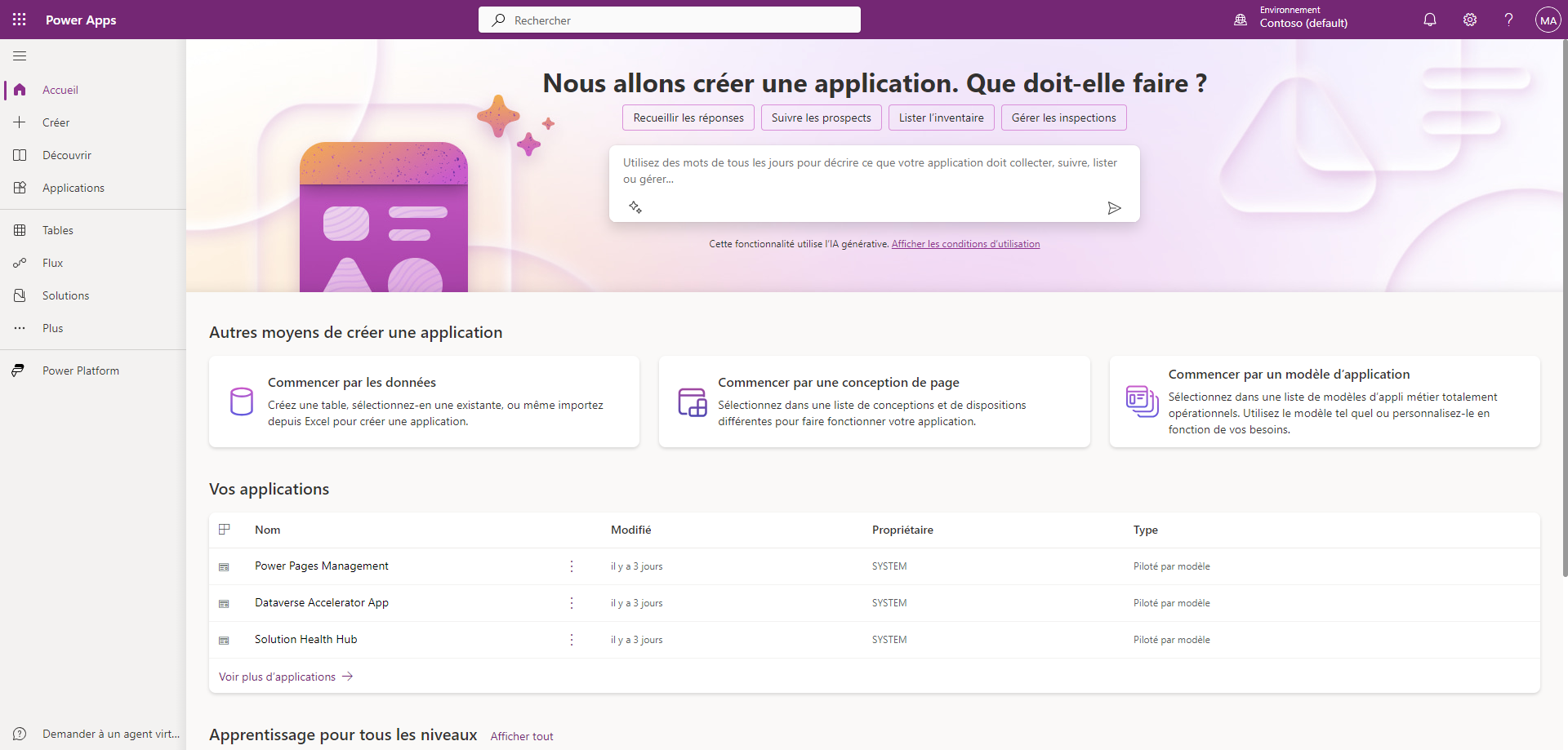 Capture d’écran de Power Apps Studio montrant comment demander un modèle adapté à l’objectif du projet.