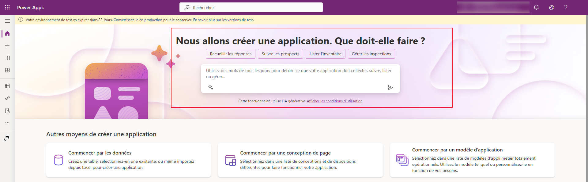 Capture d’écran illustrant les fonctionnalités de description et de conception de Copilot permettant de créer une application canevas.