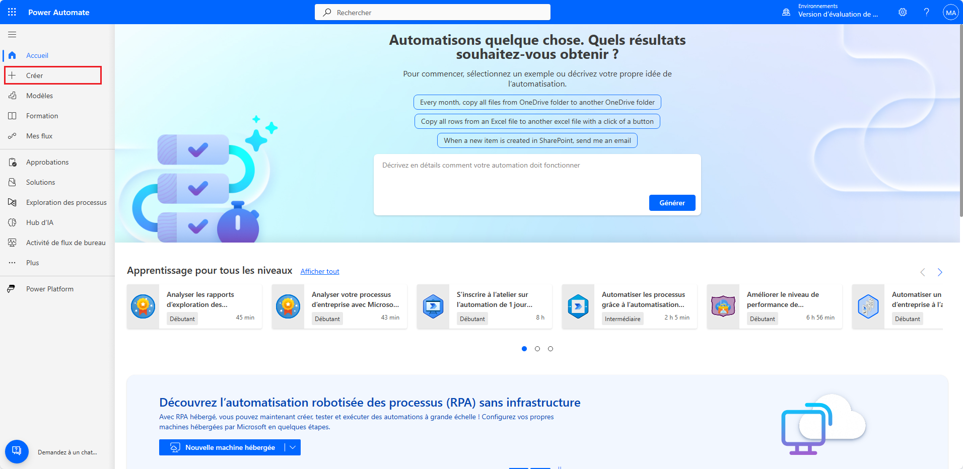 Capture d’écran de Power Automate Maker Portal avec le bouton + Créer mis en évidence.