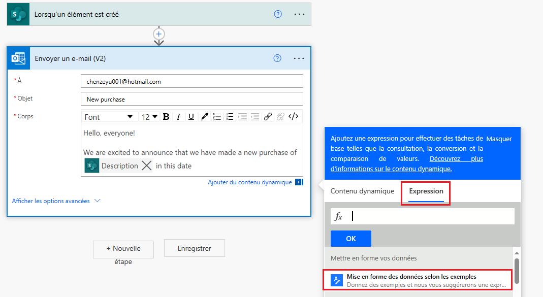 Capture d’écran de Power Automate suggérant des expressions pour le résultat souhaité.