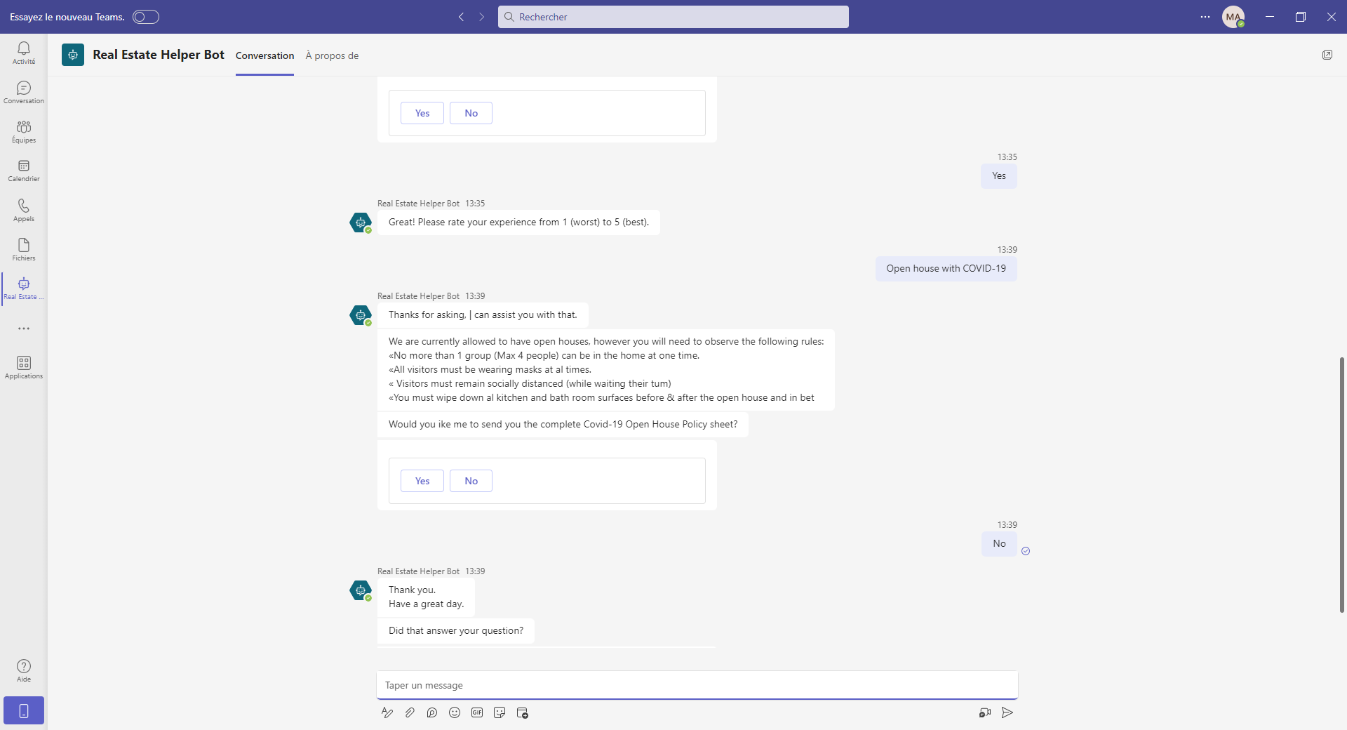 Capture d’écran d’un chatbot dans Microsoft Teams.