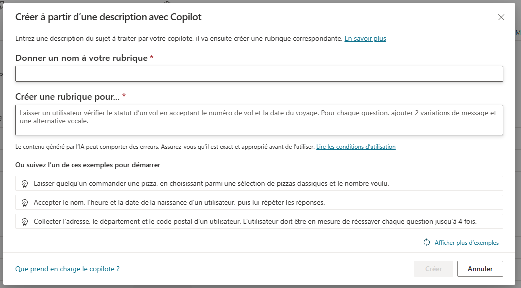 Capture d’écran de la fenêtre contextuelle Décrire pour générer.