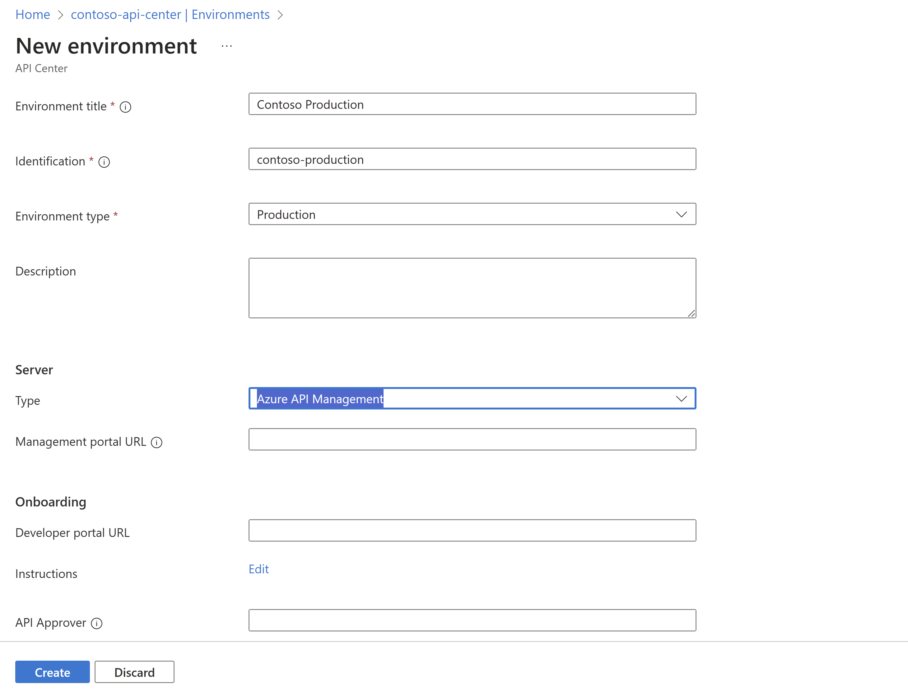 Capture d’écran montrant les étapes de création d’un environnement de type de production sur le portail Azure