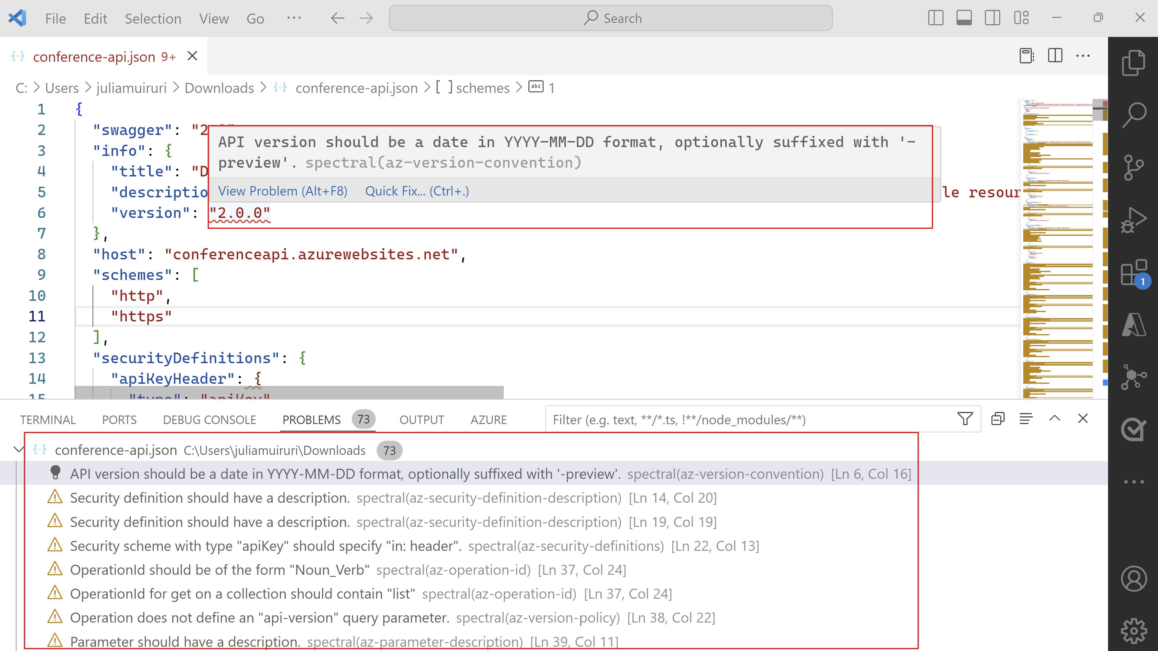 Capture d’écran montrant le linting check results on vs code