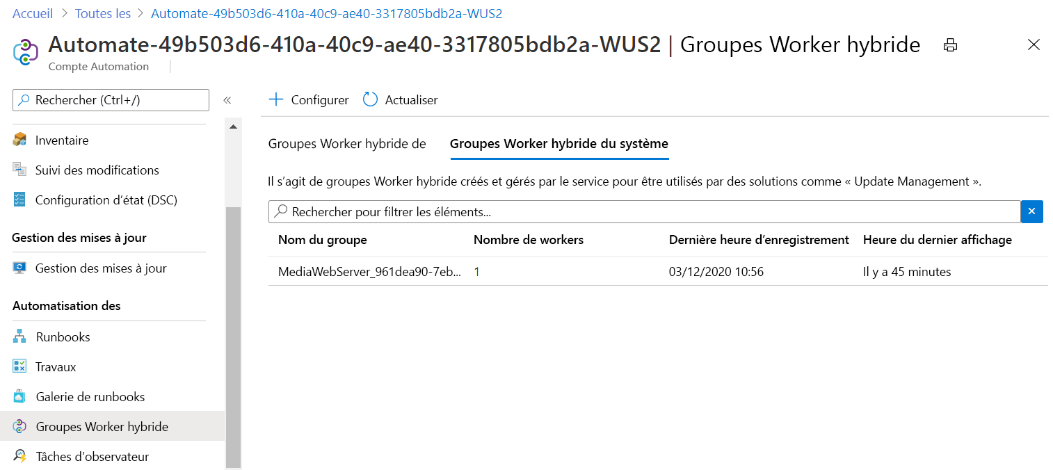 Capture d’écran montrant la machine virtuelle en tant que groupe Worker hybride du système pour le compte Automation.