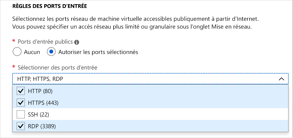 Capture d’écran de la section des règles de port entrant qui illustre la sélection de HTTP, HTTPS et RDP.