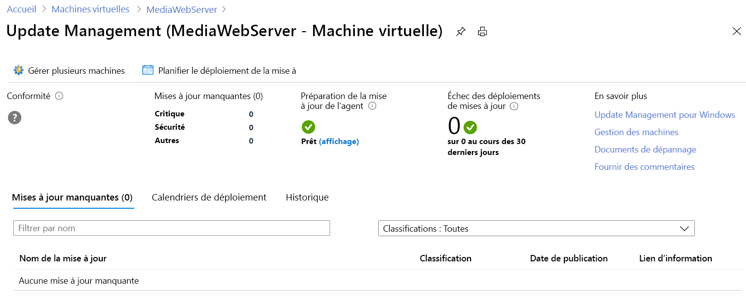 Capture d’écran de la page de gestion des mises à jour qui indique l’état des mises à jour pour la machine virtuelle.