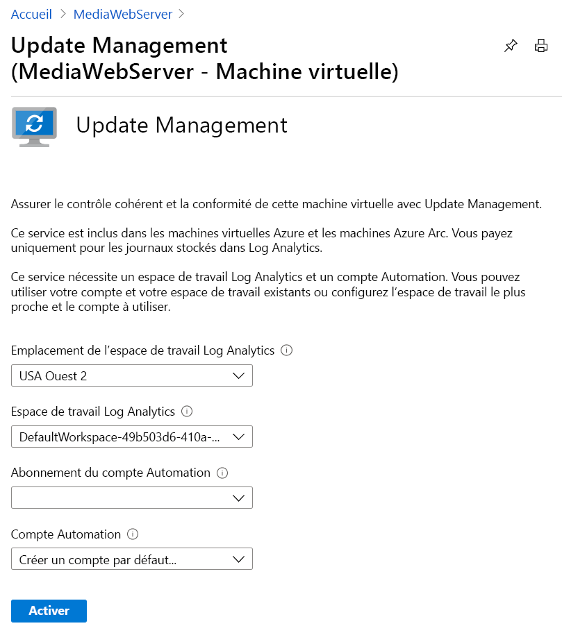 Capture d’écran de la page de gestion des mises à jour avec l’emplacement et l’espace de travail Log Analytics, l’abonnement du compte Automation et les champs du compte Automation.