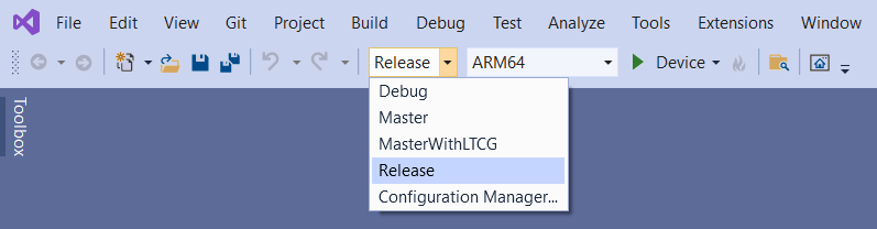 Capture d’écran de la fenêtre Visual Studio avec les options de build du projet.