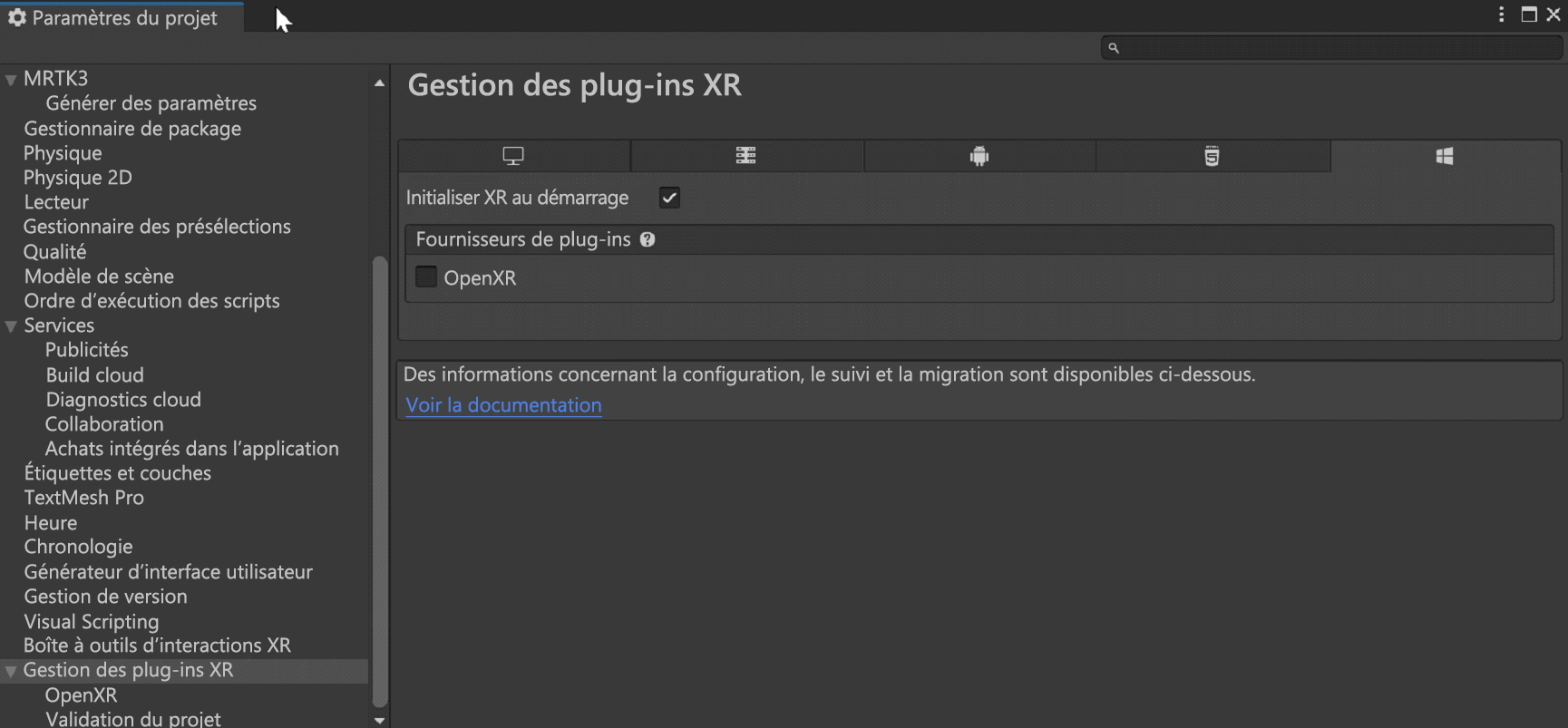 Capture d'écran d’Initialiser XR au démarrage.