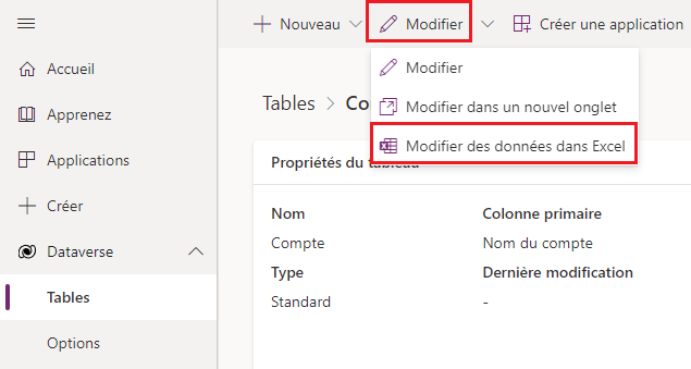 Vue de la barre de commandes affichant Modifier et Modifier des données dans Excel en surbrillance.