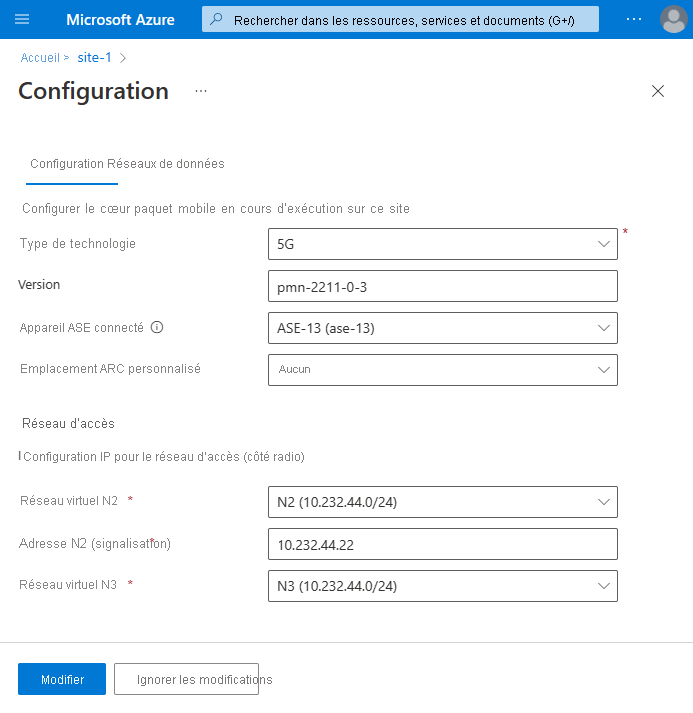 Capture d’écran montrant un exemple d’écran de configuration du Packet Core.