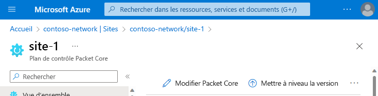 Capture d’écran montrant la partie supérieure de la page Plan de contrôle du Packet Core.