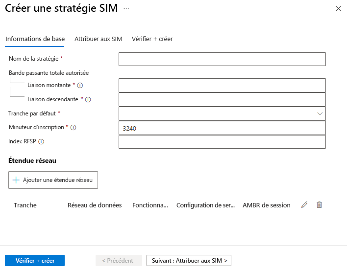 Capture d’écran montrant un exemple de création de stratégie SIM.