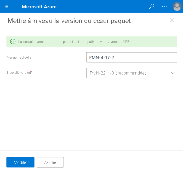 Capture d’écran montrant la zone Mettre à niveau la version du Packet Core.