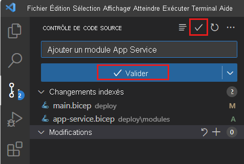 Capture d’écran de Visual Studio Code qui affiche le Contrôle de code Source, avec l’icône de validation mis en surbrillance.