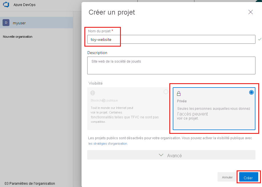 Capture d’écran de l’interface Azure DevOps montrant la configuration du projet à créer.