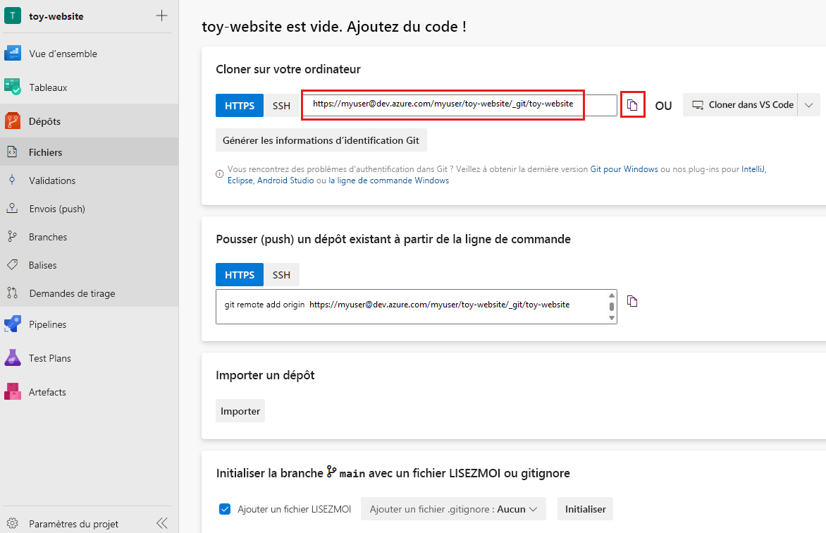 Capture d’écran de l’interface Azure Repos qui affiche les détails du référentiel, avec l’URL du référentiel mise en surbrillance.