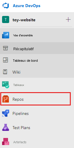 Capture d’écran de l’interface Azure DevOps qui affiche le menu sur la page du projet, avec l’élément Repos mis en surbrillance.