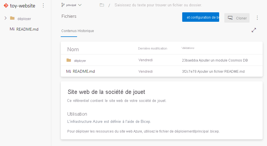 Capture d’écran de l’interface Azure DevOps qui affiche le référentiel, y compris la structure des dossiers et des fichiers.