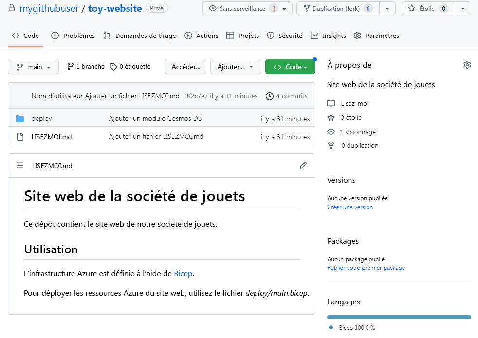 Capture d’écran de l’interface GitHub qui affiche le référentiel, y compris la structure des dossiers et des fichiers.