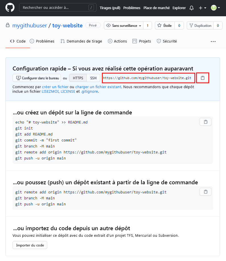 Capture d’écran de l’interface GitHub qui affiche les détails du nouveau référentiel, avec l’URL du référentiel mise en surbrillance.