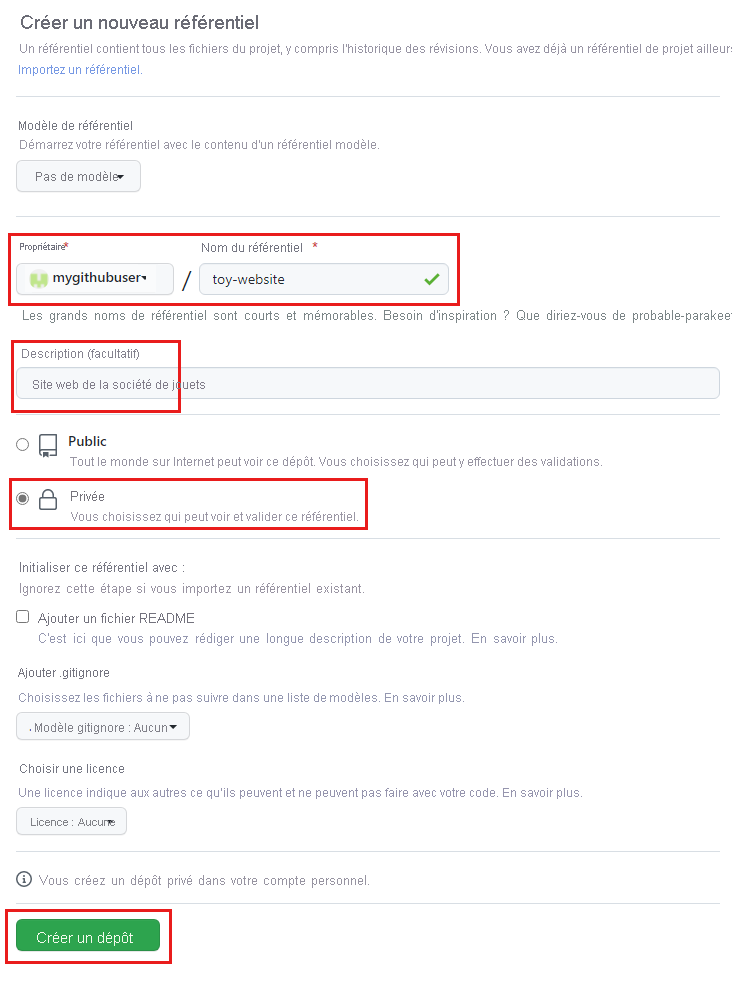 Capture d’écran de l’interface GitHub qui affiche la configuration du référentiel à créer.