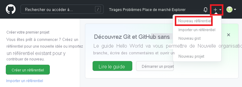 Capture d’écran de l’interface GitHub qui affiche le menu permettant de créer un nouveau référentiel.