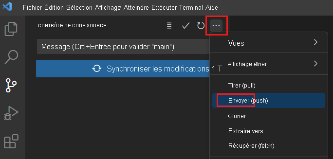 Capture d’écran de Visual Studio Code qui affiche le menu Contrôle de code Source, avec l’élément de menu Envoyer mis en surbrillance.