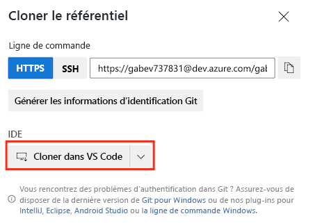 Screenshot of Azure DevOps that shows the repository settings, with the Clone in VS Code button highlighted.