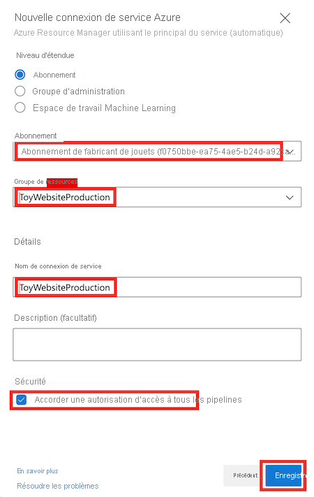 Screenshot of Azure DevOps that shows the New Azure service connection pane for the production environment, with the details completed and the Save button highlighted.