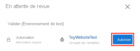 Screenshot of Azure DevOps showing that the pipeline needs permission to use the ToyWebsiteTest variable group. The Permit button is highlighted.