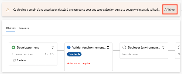 Screenshot of Azure DevOps showing the pipeline run paused at the Validate stage. Permission is required to continue. The View button is highlighted.