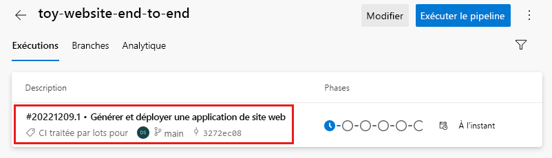 Screenshot of Azure DevOps showing the pipeline run list. The latest pipeline run is highlighted.