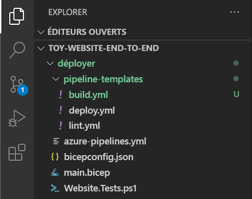 Screenshot of Visual Studio Code Explorer, with the pipeline-templates folder and the 'build.yml' file shown.