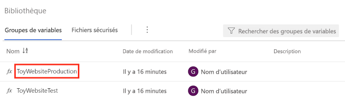 Screenshot of Azure DevOps showing the list of variable groups, with the ToyWebsiteProduction variable group highlighted.