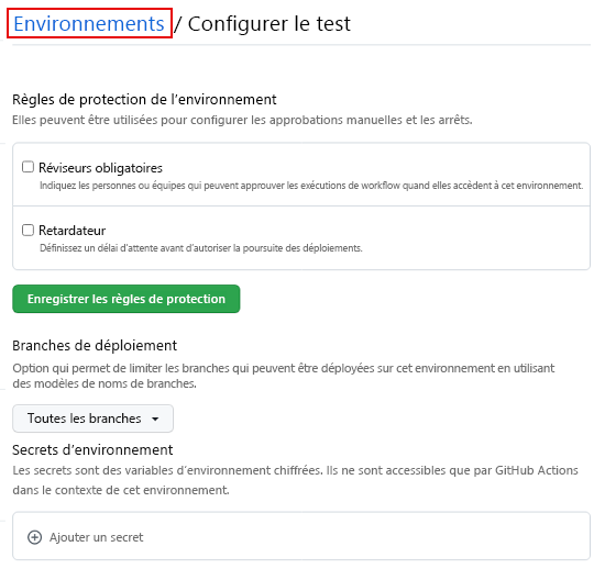 Capture d’écran de la page GitHub pour un nouvel environnement nommé Test, avec le lien Environment.