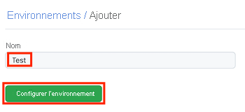 Capture d’écran de la page GitHub pour un nouvel environnement nommé Test, avec le bouton Configure environment.