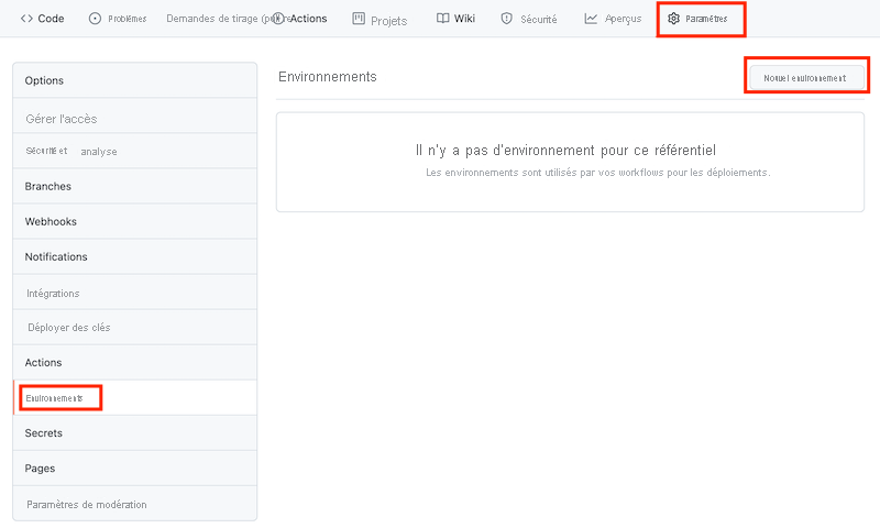 Capture d’écran de l’interface GitHub montrant la page Environments et le bouton de création d’un environnement.