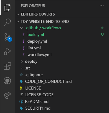 Capture d’écran de l’Explorer Visual Studio Code, avec les dossiers github et de workflows, ainsi que le fichier build.yml.